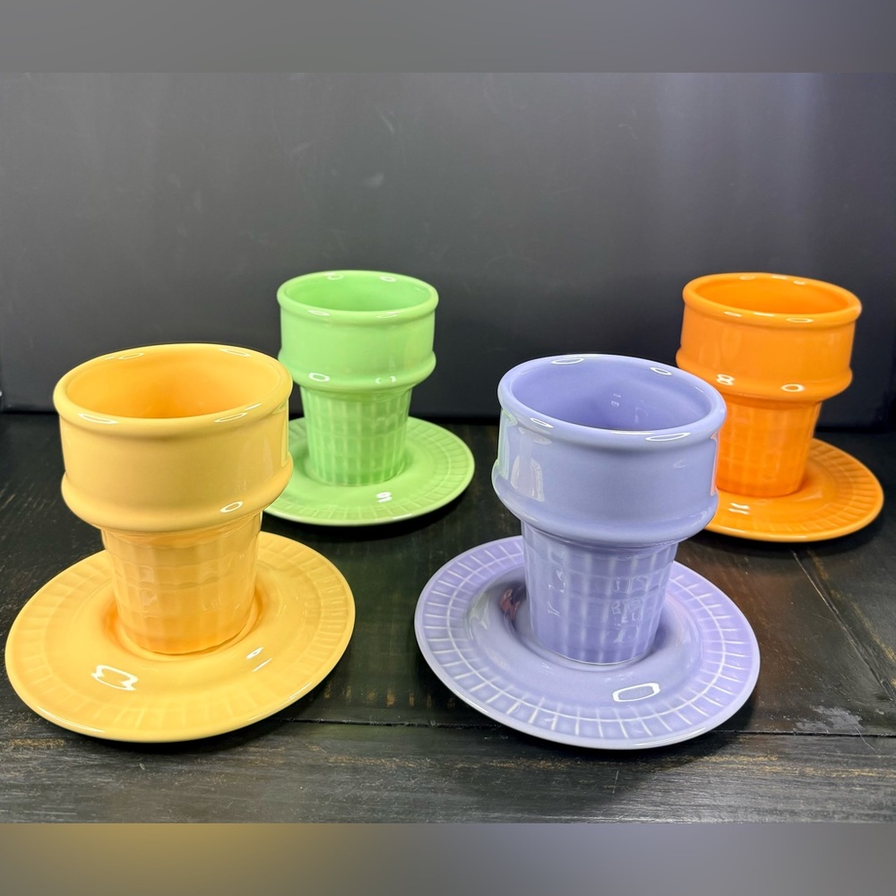 Ceramic Ice Cream Cone Sorbet Cup & Saucer by The Monkey & The Peddler  Set of 4